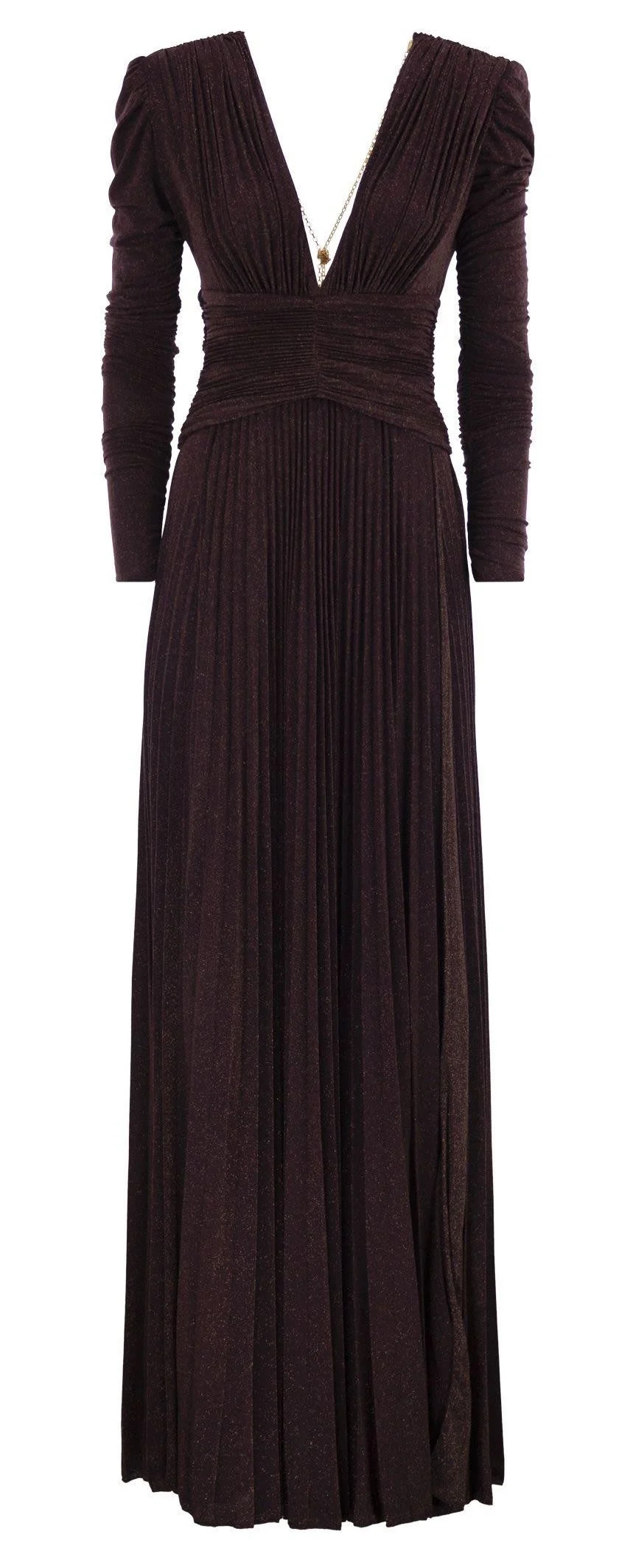 Elisabetta Franchi Pleated Maxi Dress in Burgundy Lurex-jersey