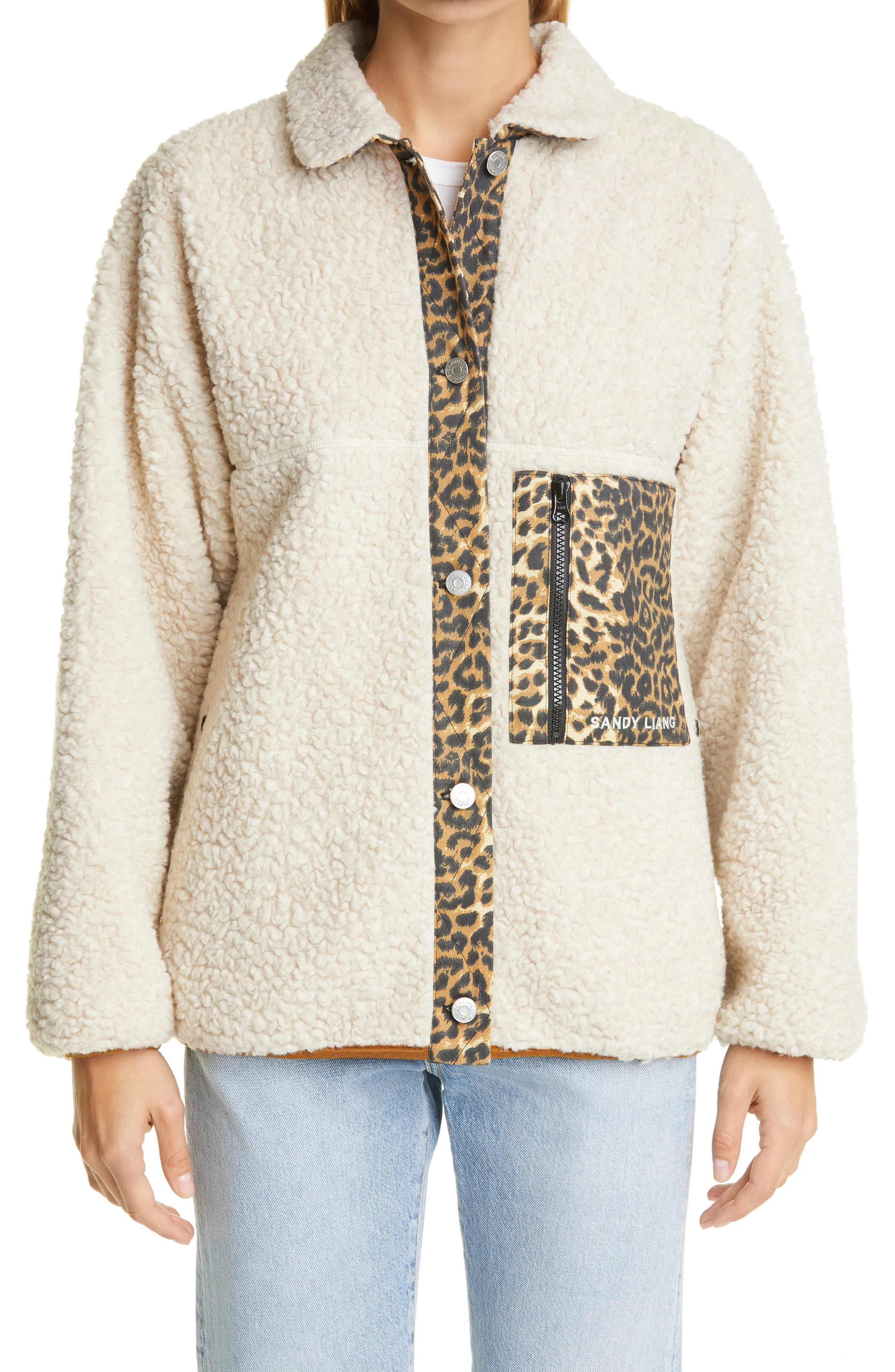 Sandy Liang Checkers Leopard Trim Fleece Jacket in Beige.png