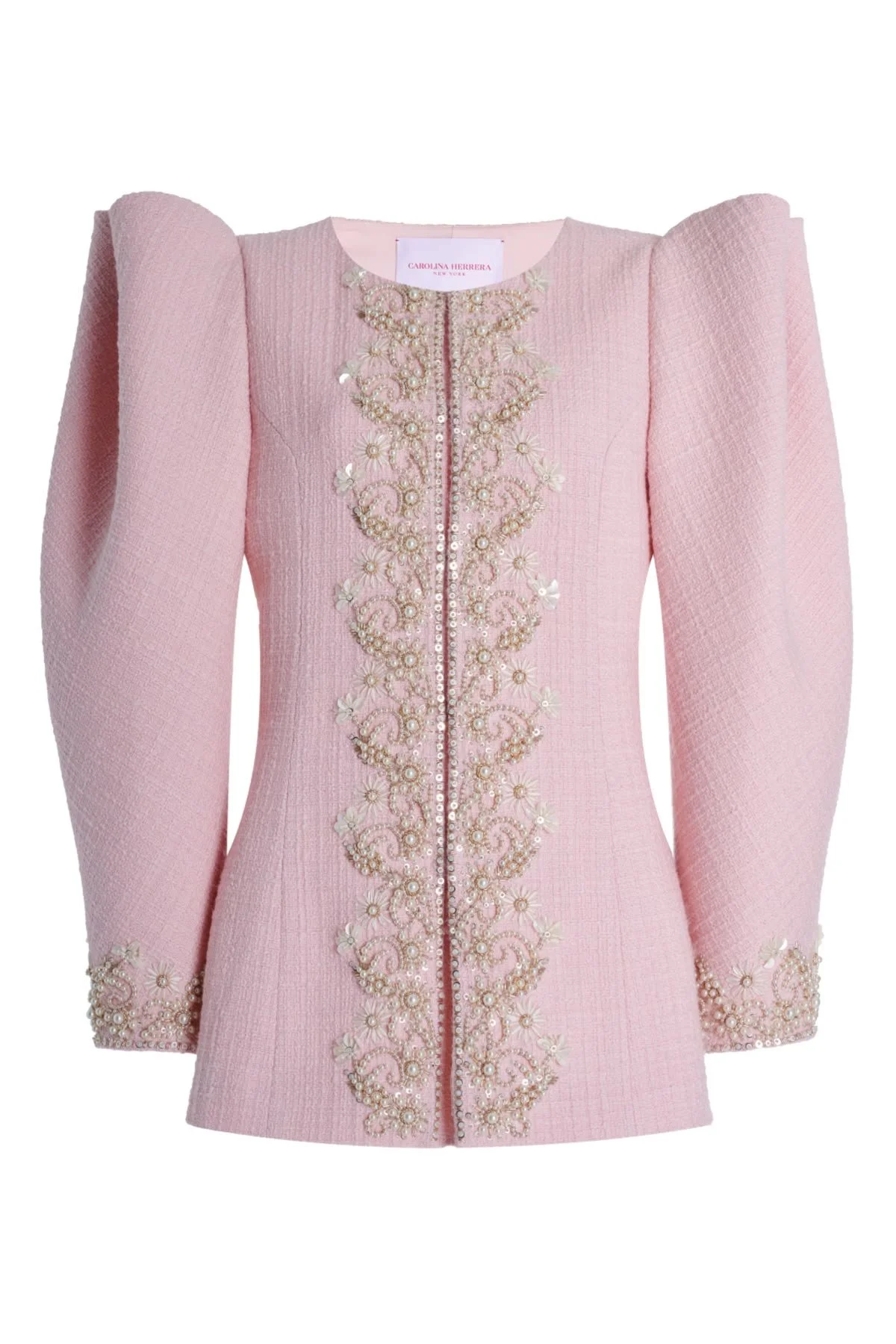 Carolina Herrera Embroidered Tweed Puff-Sleeve Jacket 