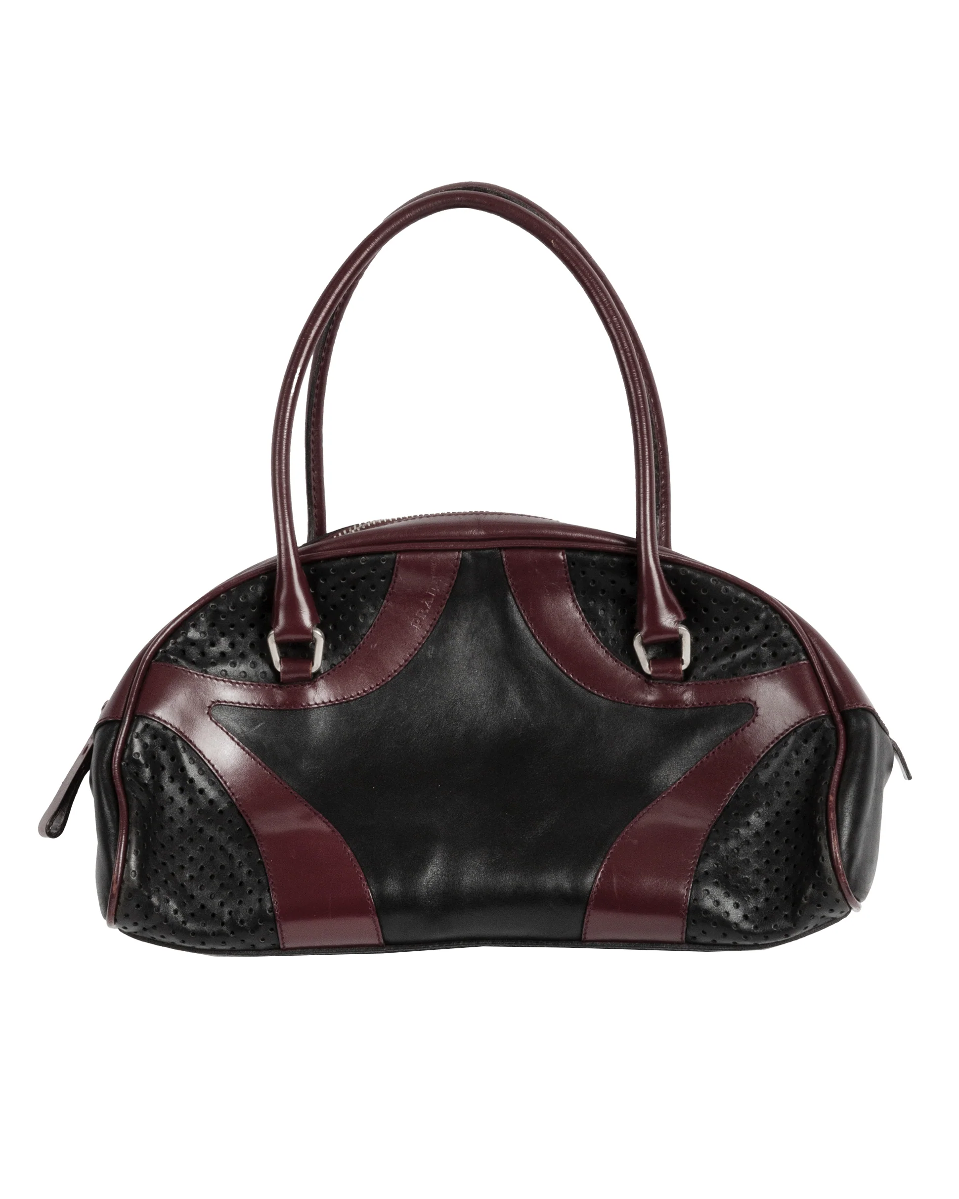 Prada Vitello Drive Bowling Bag in Black/Burgundy