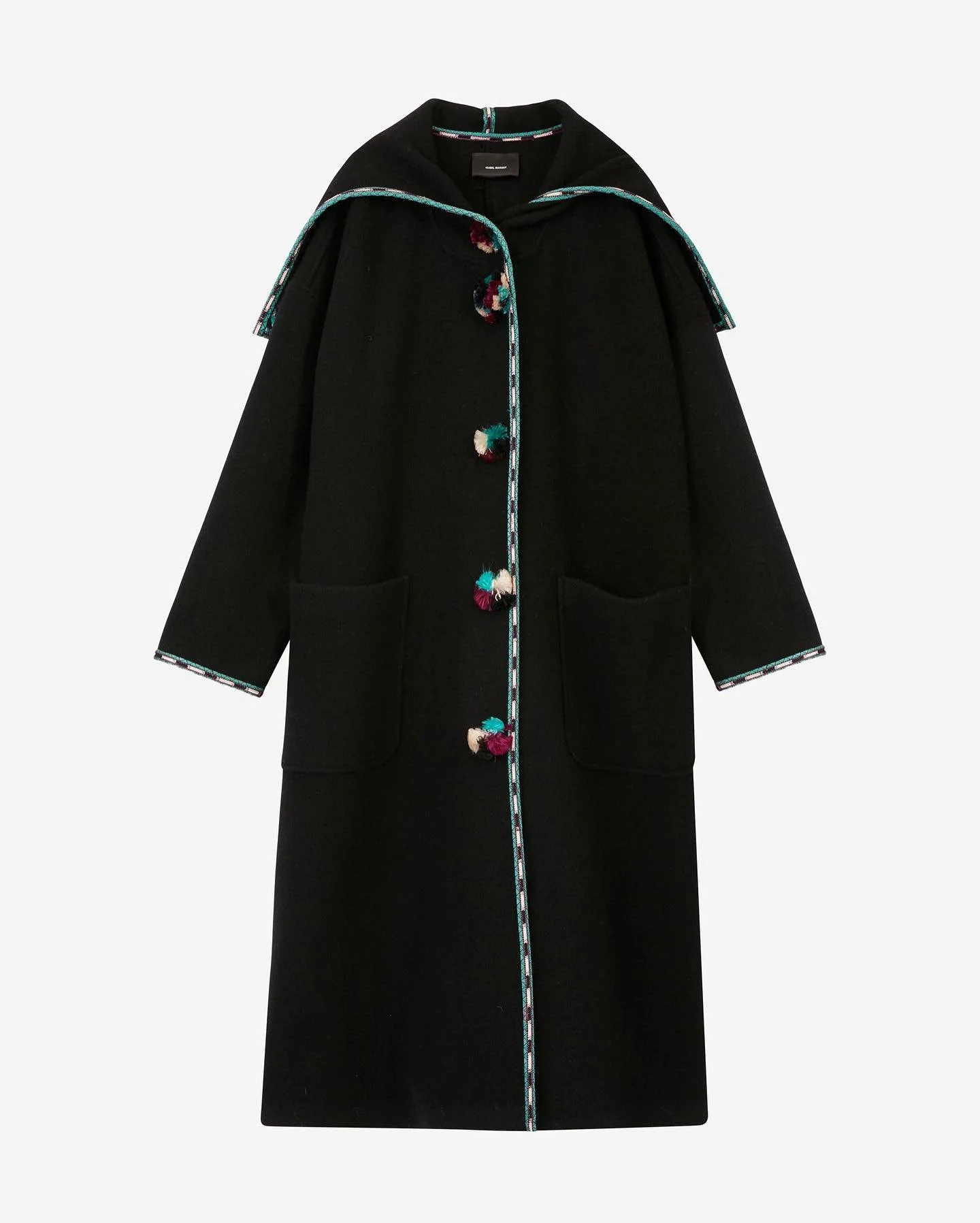 Isabel Marant Earley Hooded Pompom-Embellished Embroidered Wool Coat in Black.jpg