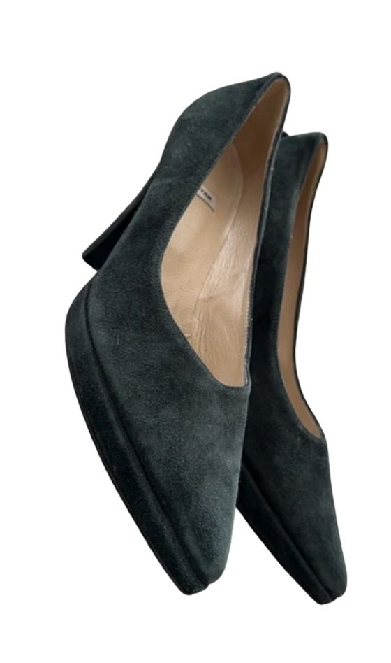 Natan Pointed Platform Pumps in Dark Grey Suede