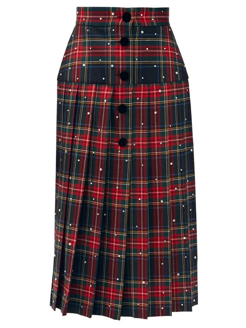 Miu Miu Crystal-Embellished Pleated Wool Tartan Midi Skirt — UFO