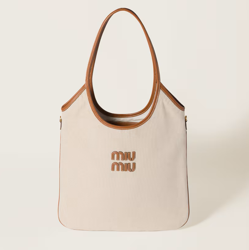 Miu Miu Ivy Regular Tote in Beige/Brandy Canvas and Leather