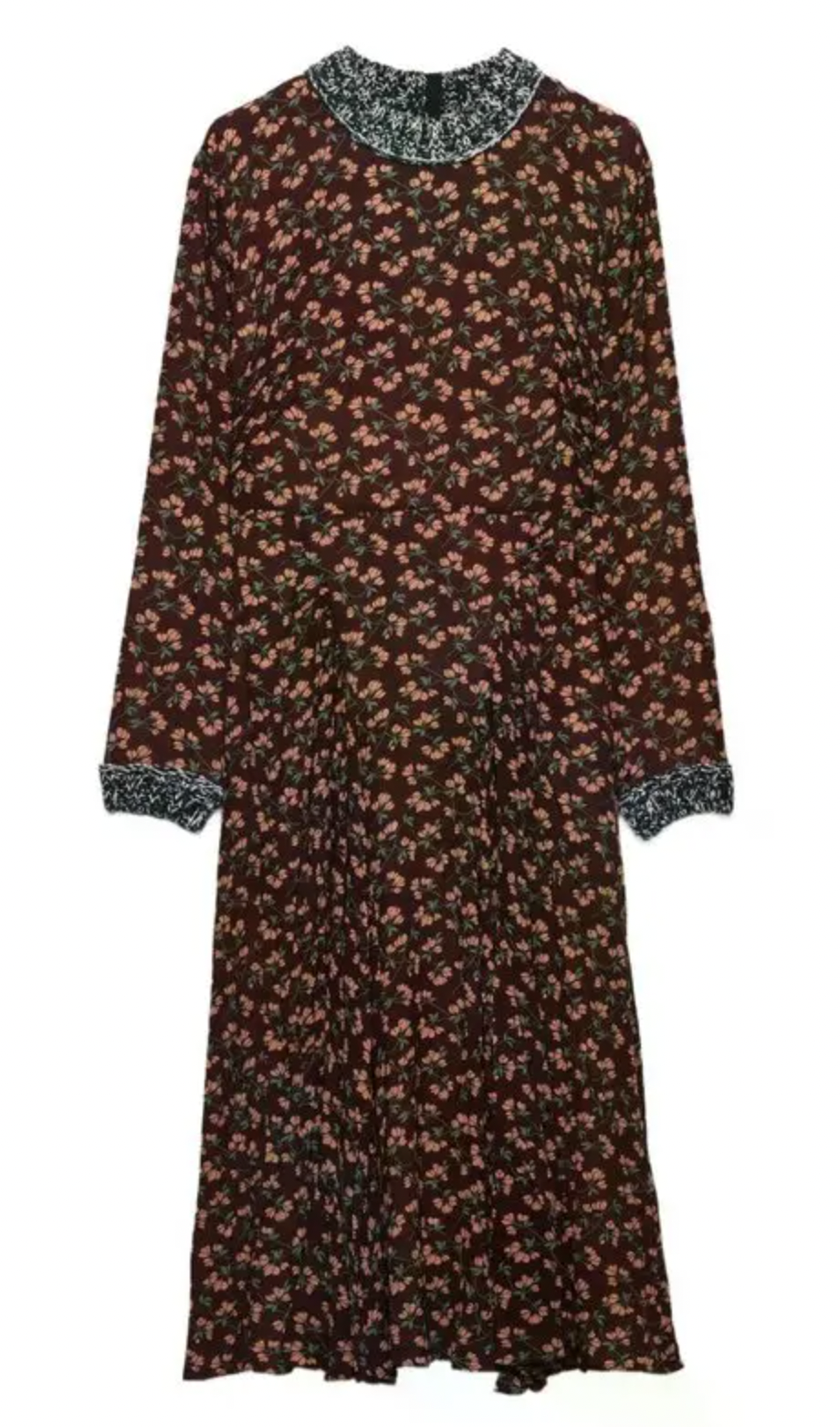 Prada Floral-Print Pleated Knit-Trim Midi Dress
