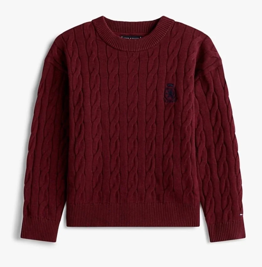 Tommy Hilfiger Cable Knit Crew Neck Jumper in Deep Burgundy Heather