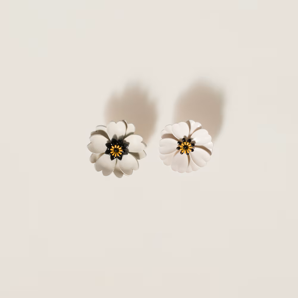 Miu Miu Metal and Leather Flower Earrings in GoldChalk White.png