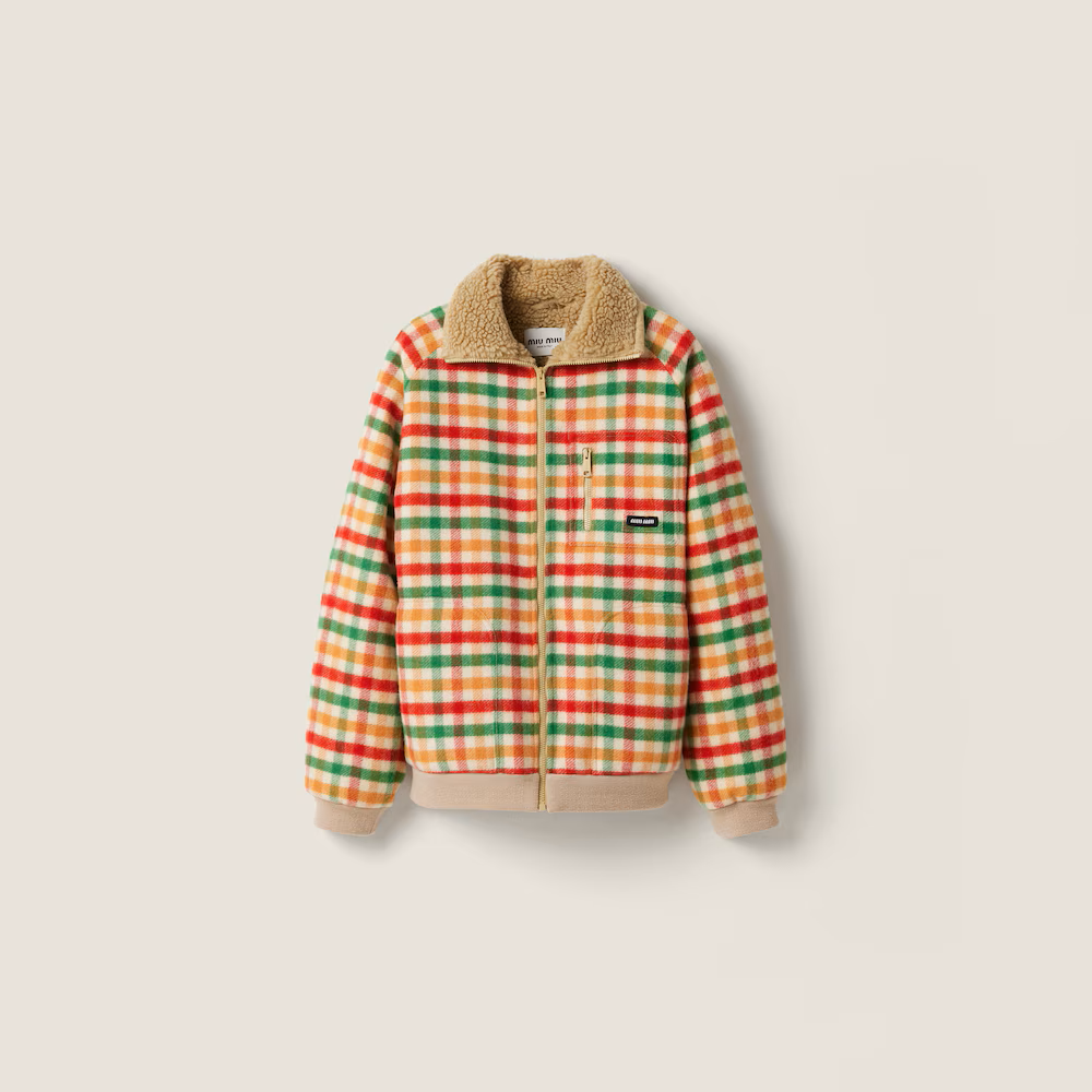 Miu Miu Fleece-Lined Checked Blouson Jacket in Red/Green/Soy Green