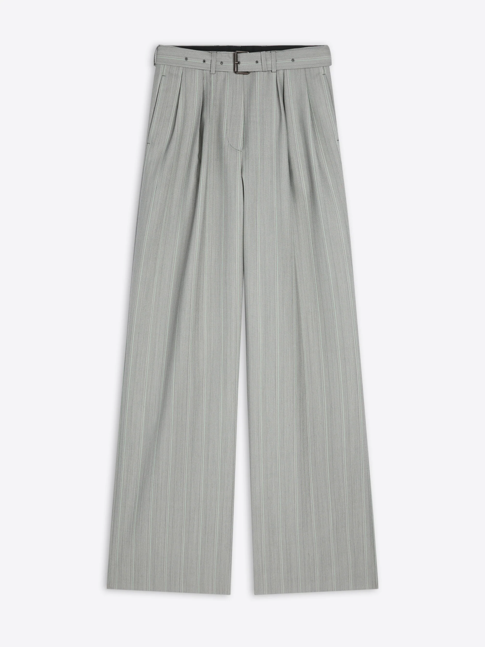 Dries Van Noten Striped Belted Wool Trousers in Green