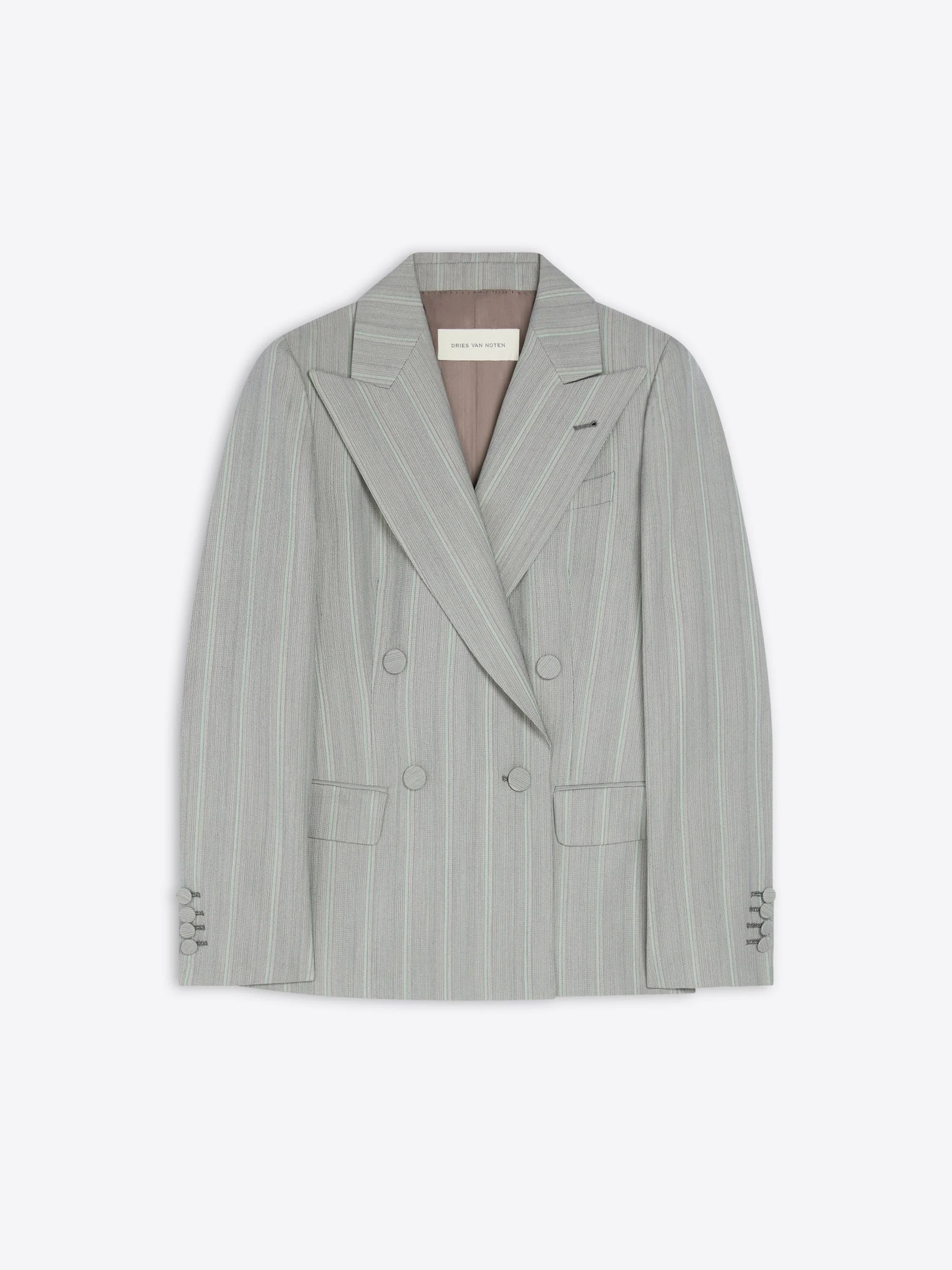 Dries Van Noten Striped Double-Breasted Blazer in Green.jpg