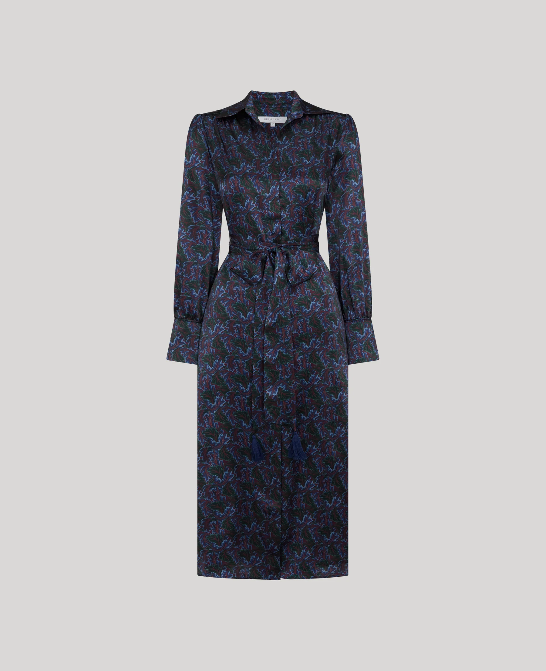 Really Wild Birch Print Silk Shirt Dress in Midnight, Oxblood and Loden Green