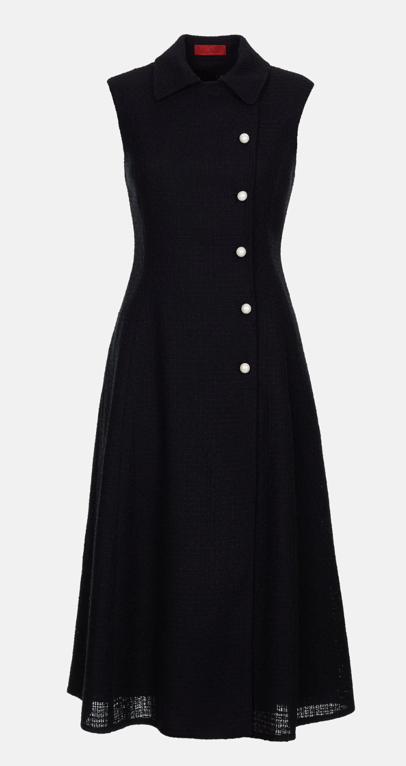 Carolina Herrera Sleeved Tweed Dress with Pearl Buttons