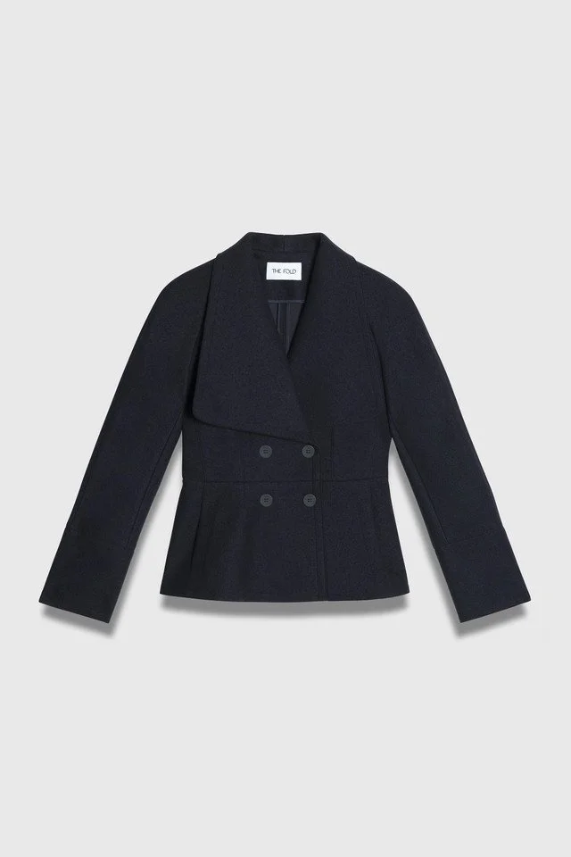 The Fold London Napier Boiled Wool Jacket in Navy