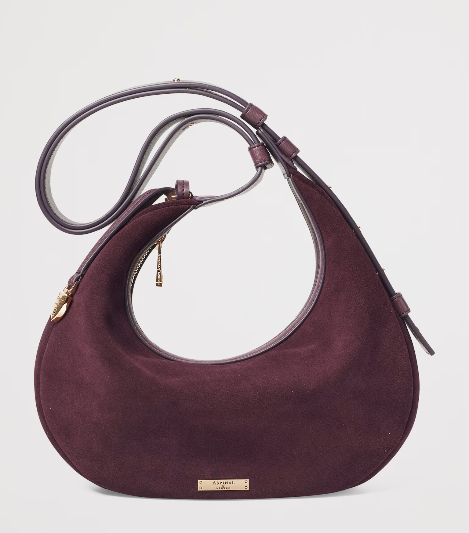 Aspinal of London Small Suede Hudson Crescent Shoulder Bag in Claret.png