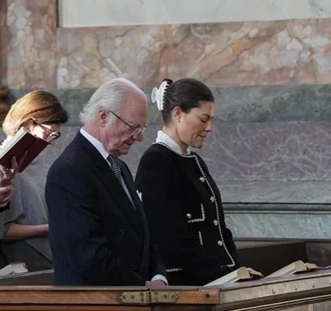 King Carl Gustaf and Crown Princess Victoria attend mass in the Palace Church 