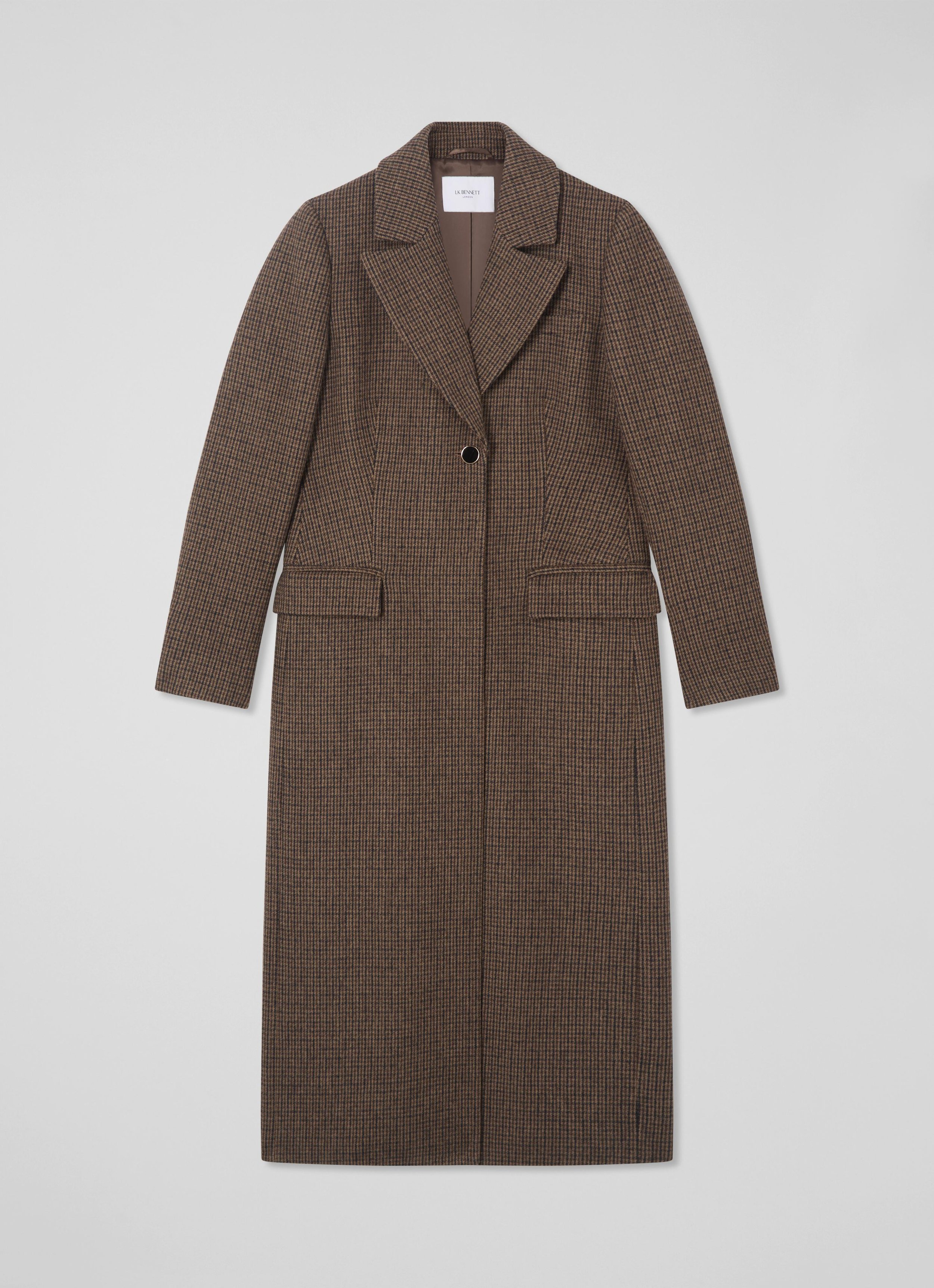 LK Bennett Dakota Mini Check Single Breasted Coat in Brown