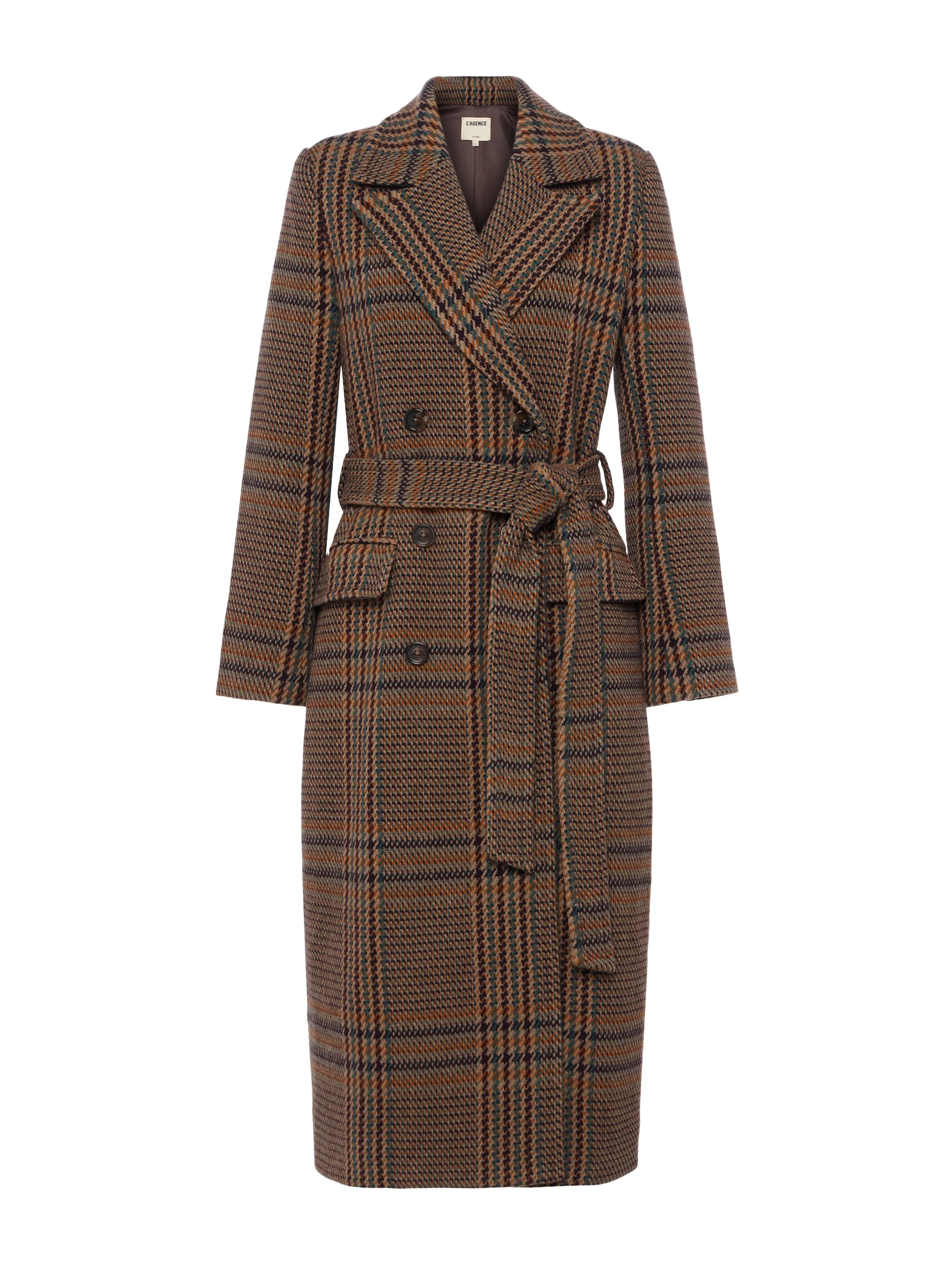 L'Agence Kolina Long Coat with Belt in Brown Plaid.png