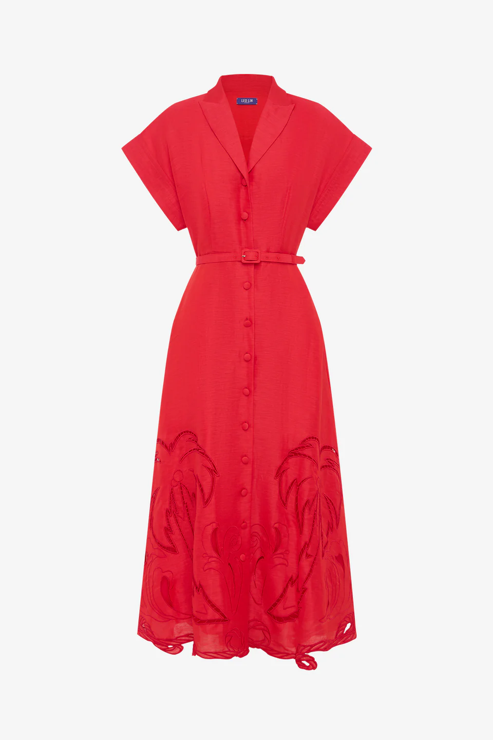 Leo Lin Aubrey Palm Shirt Midi Dress in Scarlet.png