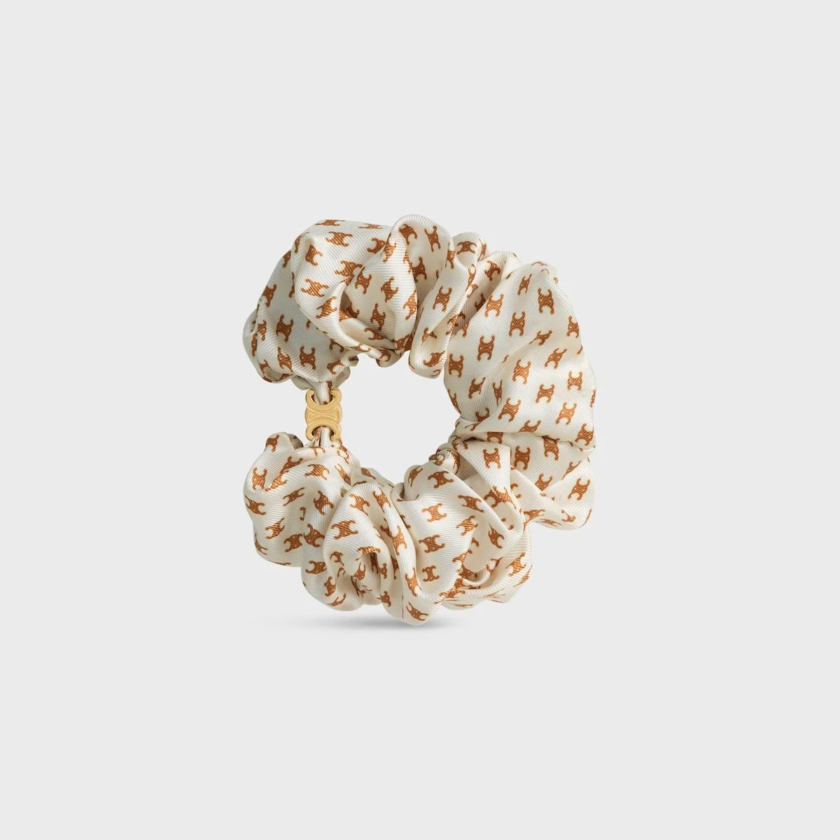 Celine Mini Triomphe Scrunchy in Ivory Tan Silk and Brass with Gold Finish.jpg