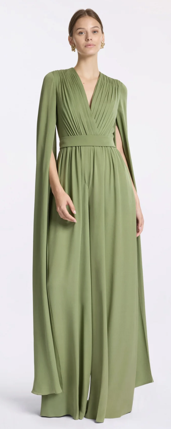 Elie Saab Pleated Silk Jumpsuit in Savannah Green