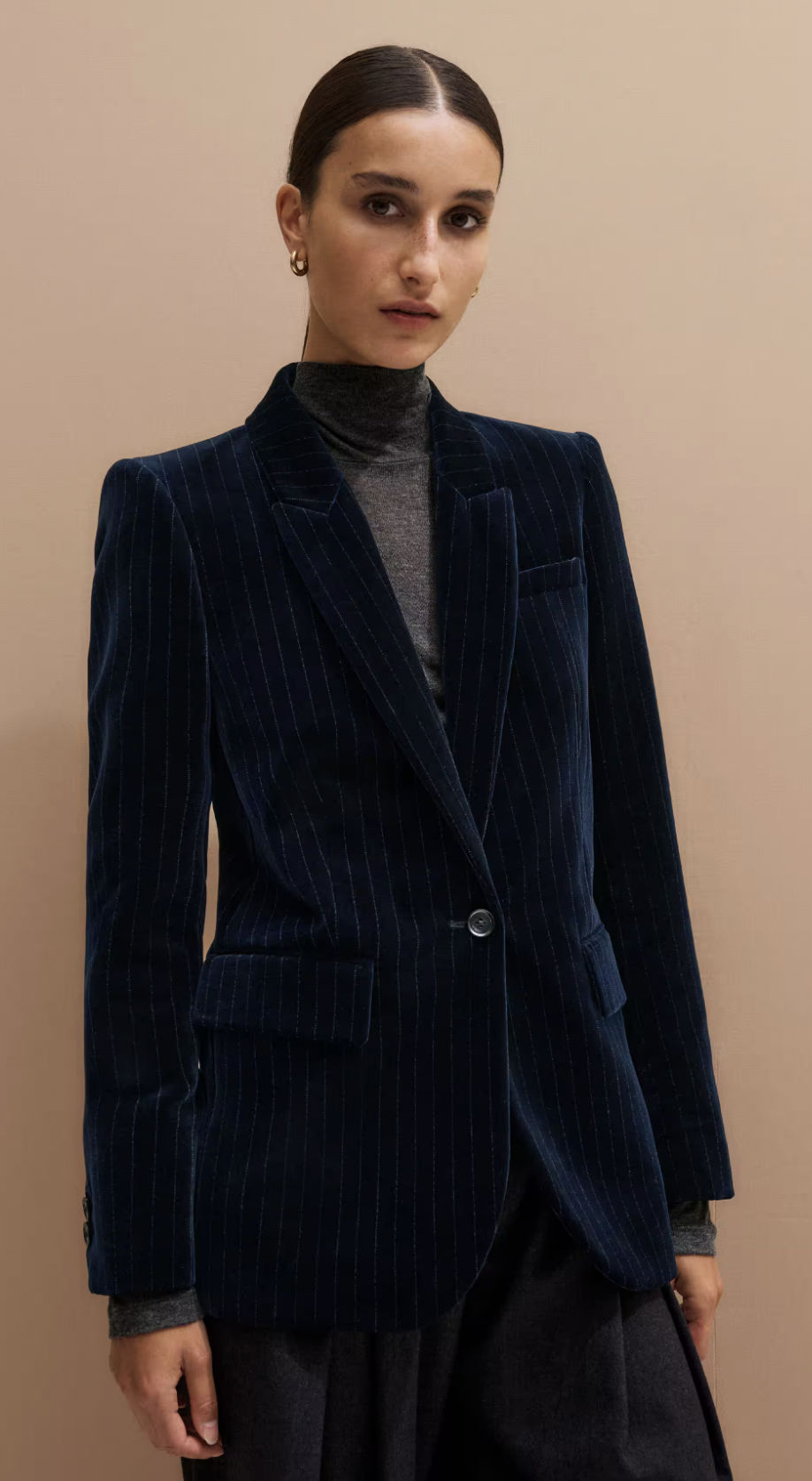 ME and EM Sharp Shoulder Blazer in Pinstripe Italian Velvet