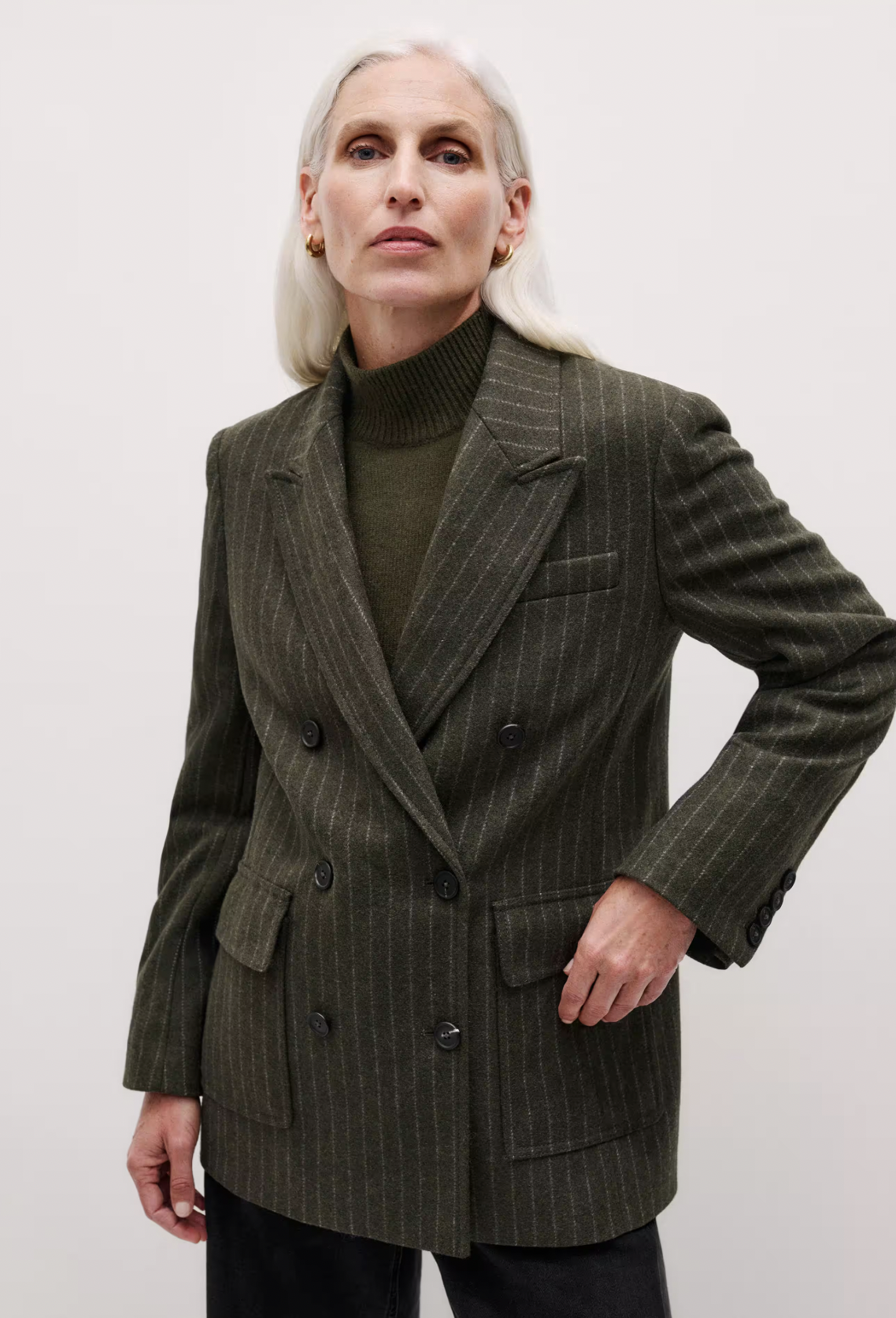 ME and EM Longline Fitted Blazer in Olive Pinstripe Wool
