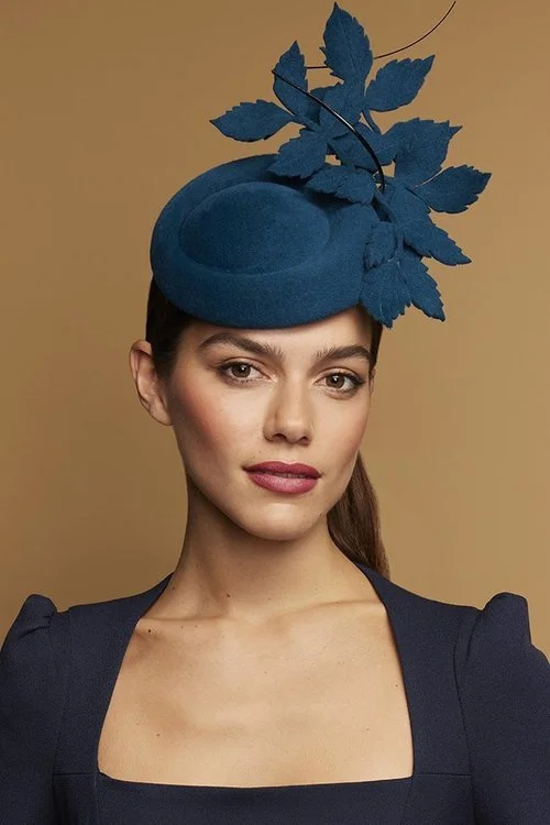 Juliette Botterill Felt Leaf Cocktail Hat in Teal.jpg