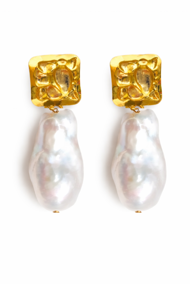 Hector Lion Large Baroque Brass Studs With Baroque Pearls