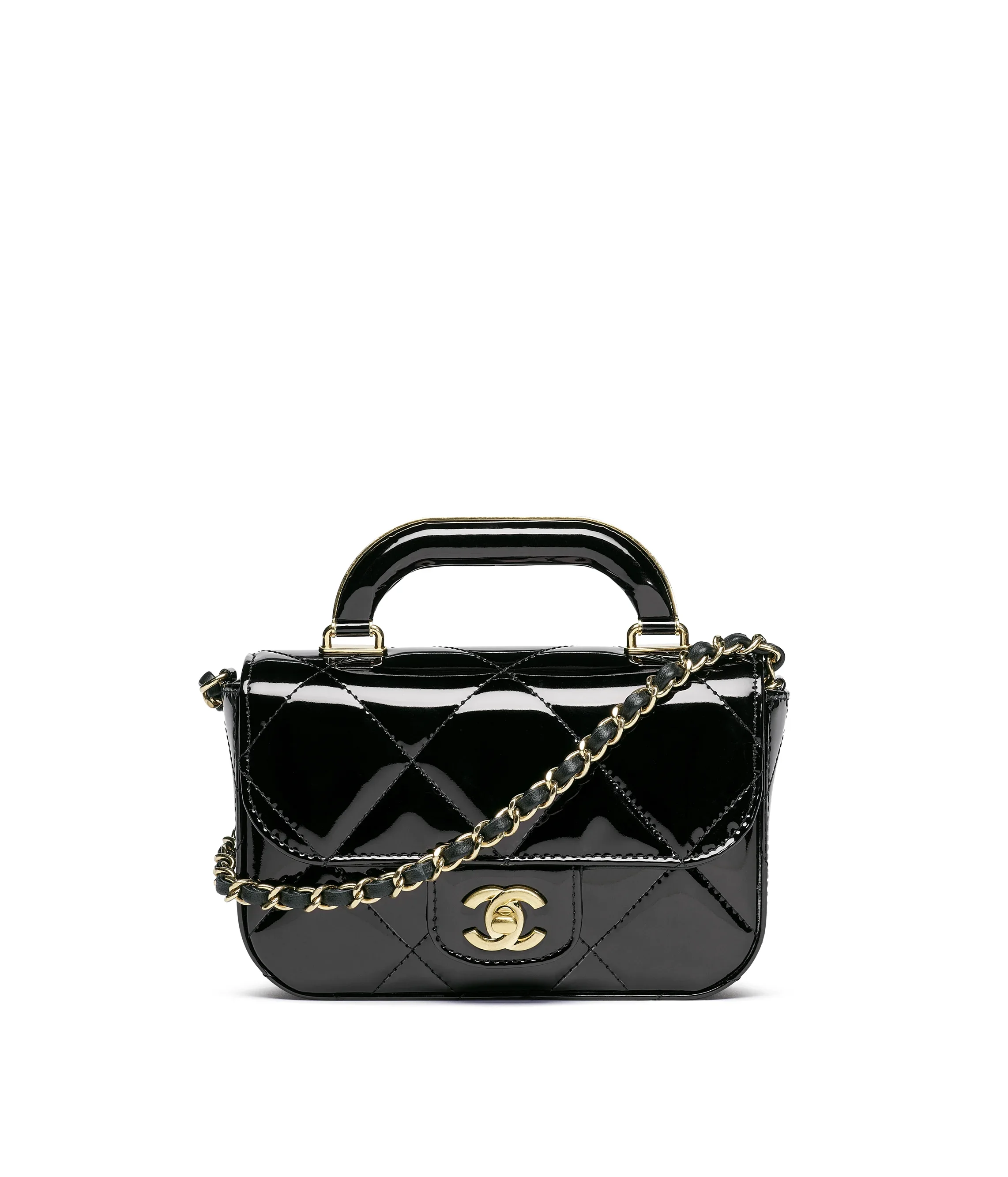 Chanel Mini Top Handle Clutch with Chain in Black Patent Leather