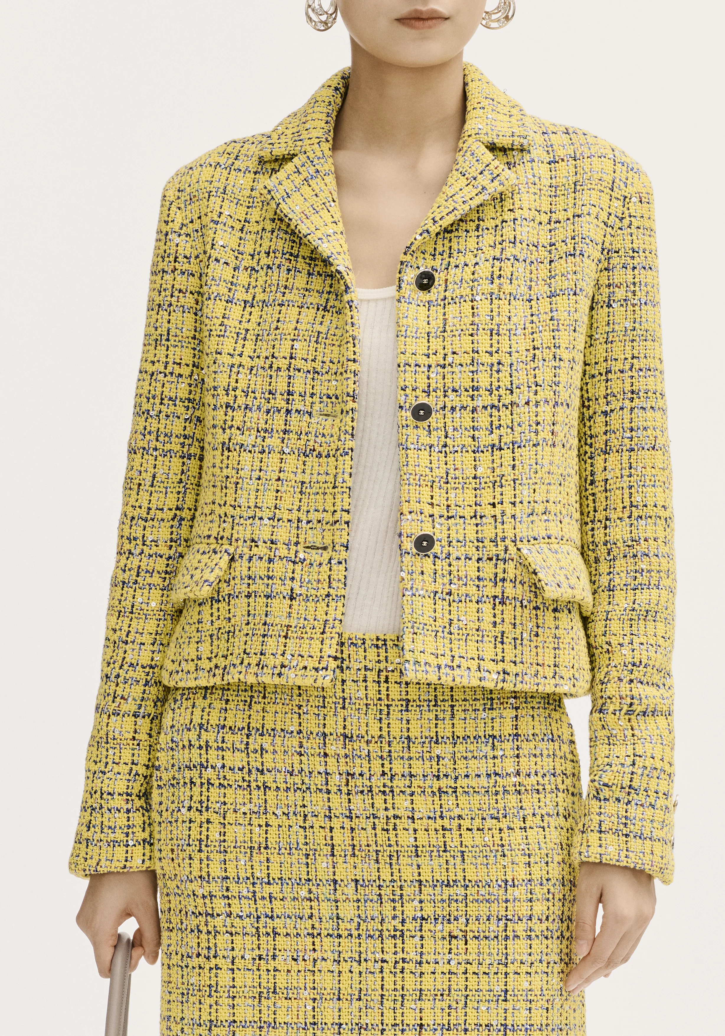 Chanel Tweed Cotton Jacket in Yellow, Navy Blue, &amp; Silver