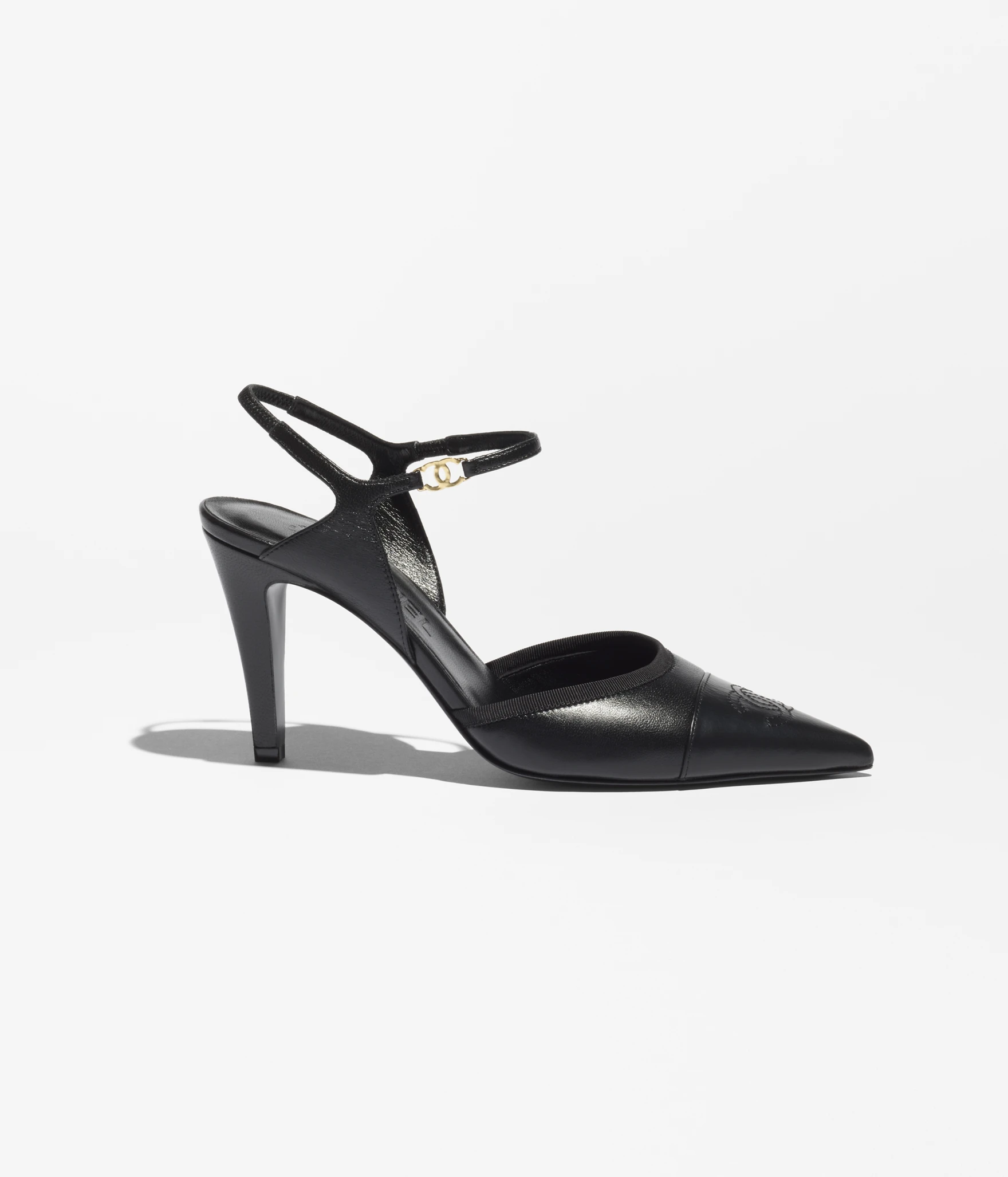 Chanel Ankle-Strap Logo Slingback Shoes in Black Iridescent Lambskin.png