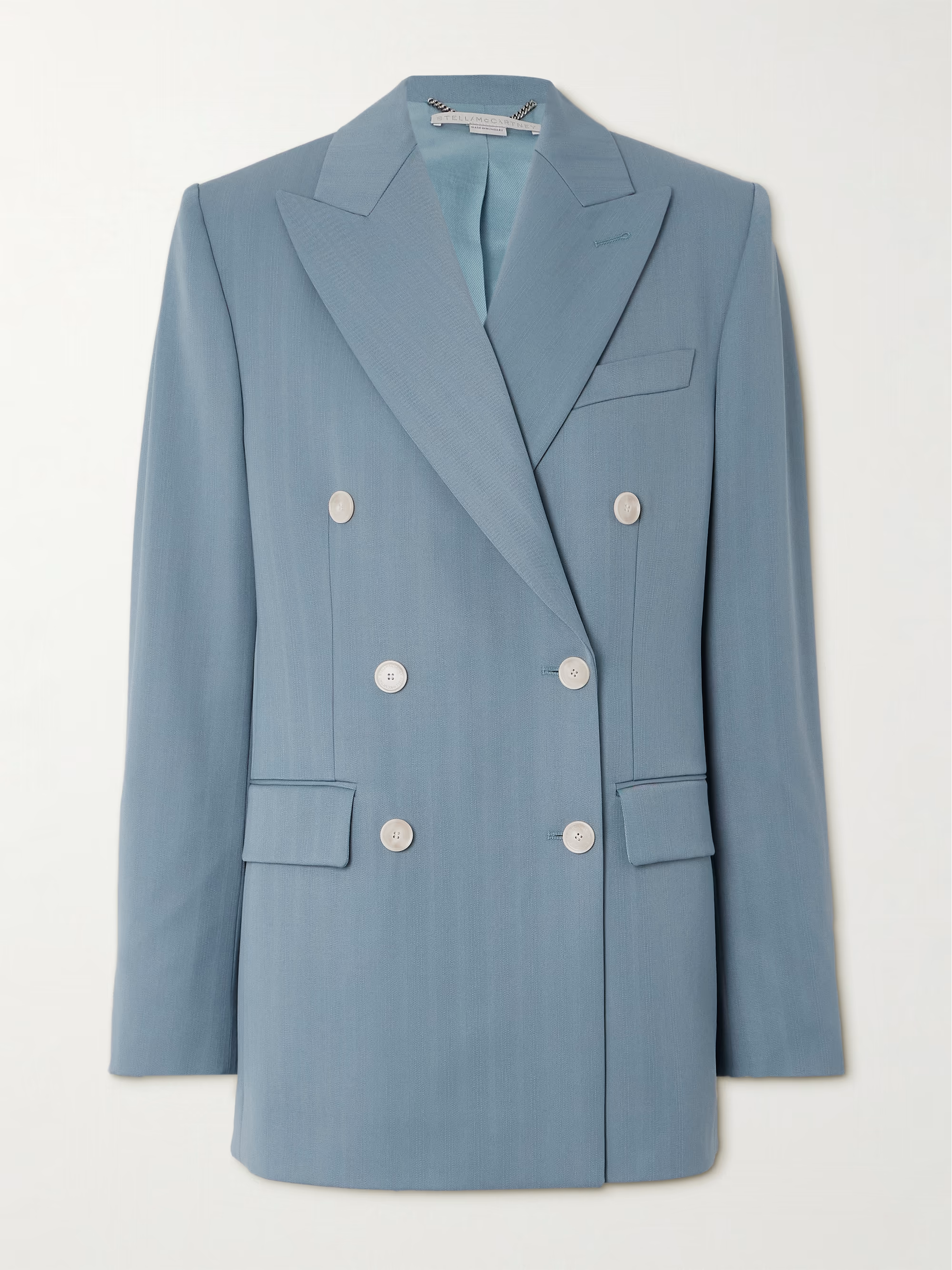 Stella McCartney Double-Breasted Striped Wool-Blend Blazer in Light Blue