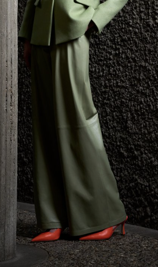 Natan Couture Dipped Lamb Leather Wide Trousers in Green