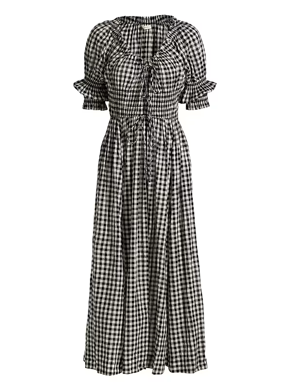 DÔEN Ischia Cotton Tie-Waist Midi Dress in Black Gingham