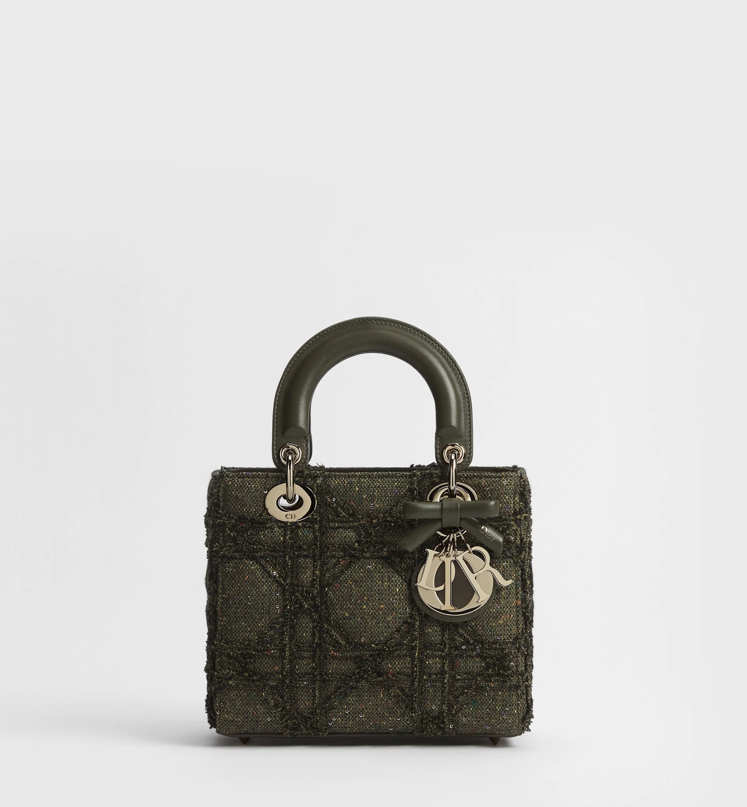 Christian Dior Small Lady Dior Bag in Khaki Multicolor Cannage Tweed Embroidered with Sequins