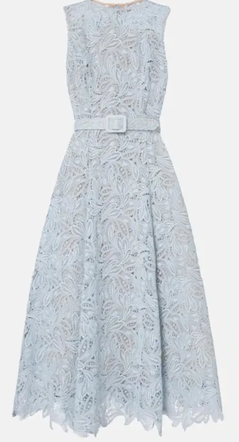 Oscar de la Renta Belted Floral Lace Midi Dress