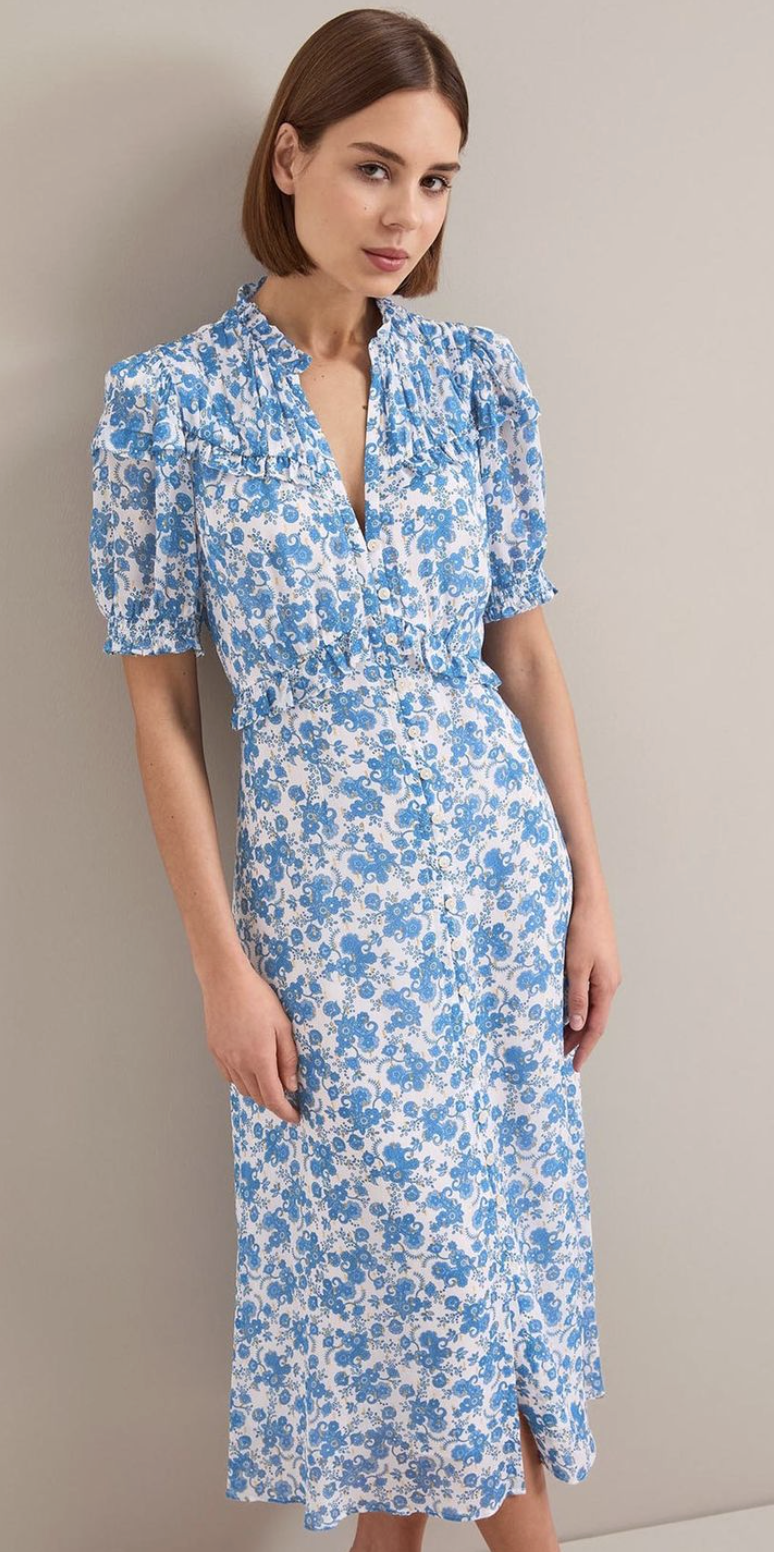 Cefinn Viola Dress in White Blue Paisley Print