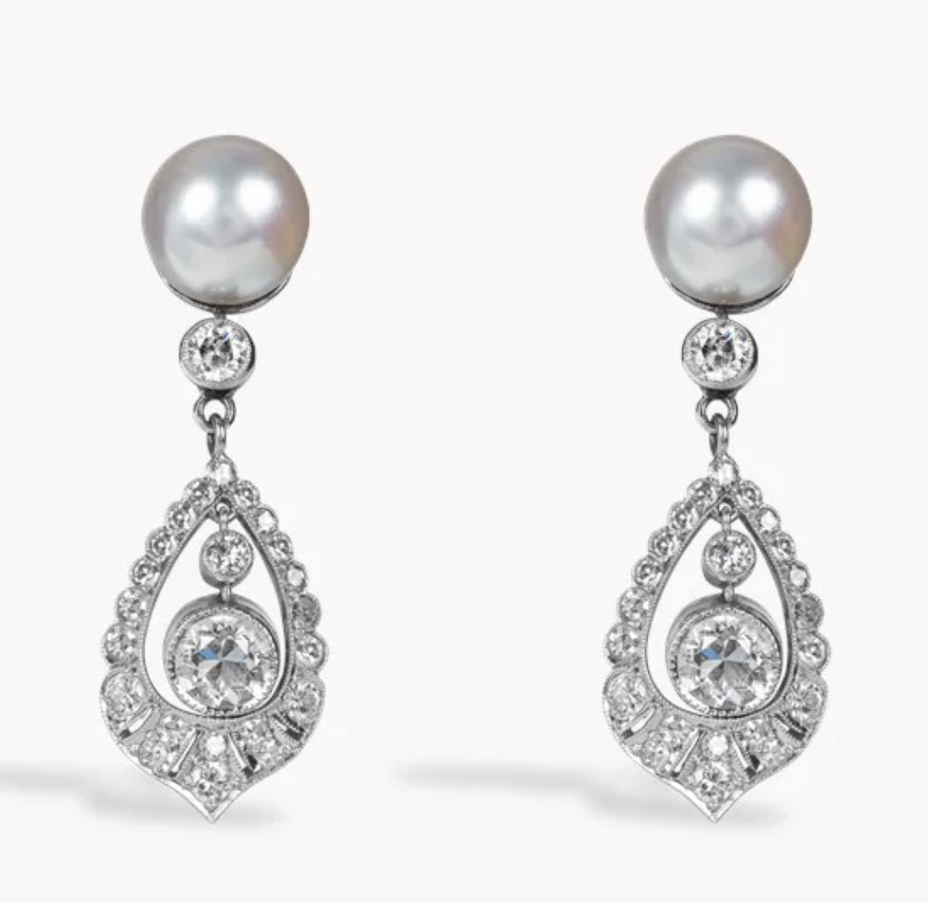 Pragnell Edwardian Pearl and Old Cut Diamond Drop Earrings