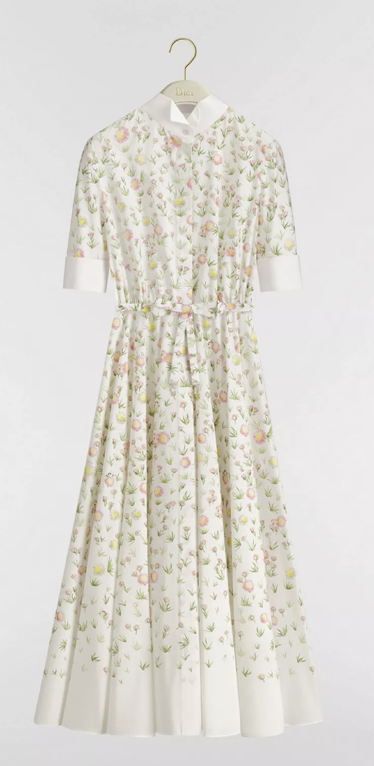 Christian Dior Mid-Length Belted Shirtdress in Multicolor Daisy Garden Cotton Poplin