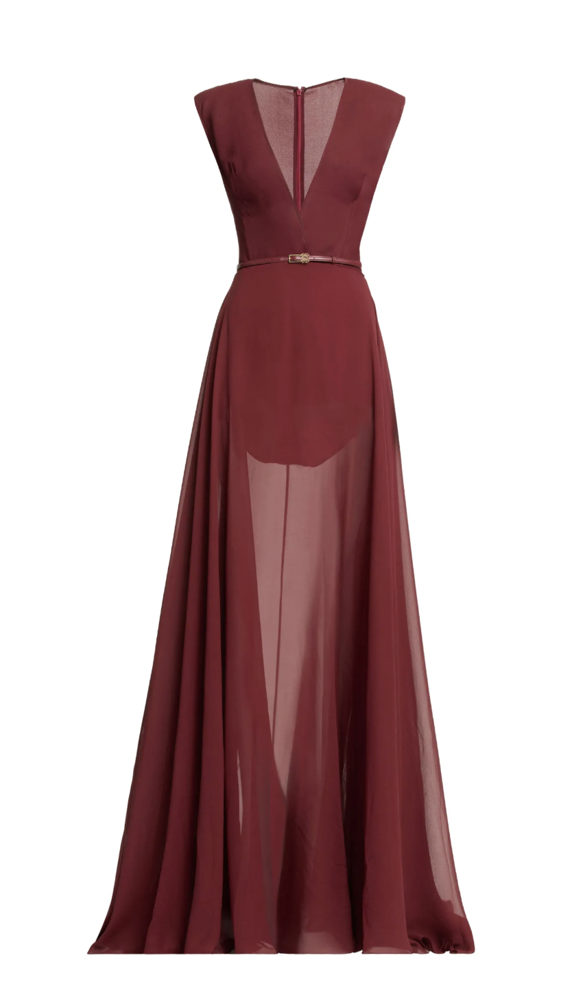 Elie Saab V-Neck Belted Maxi Dress in Green