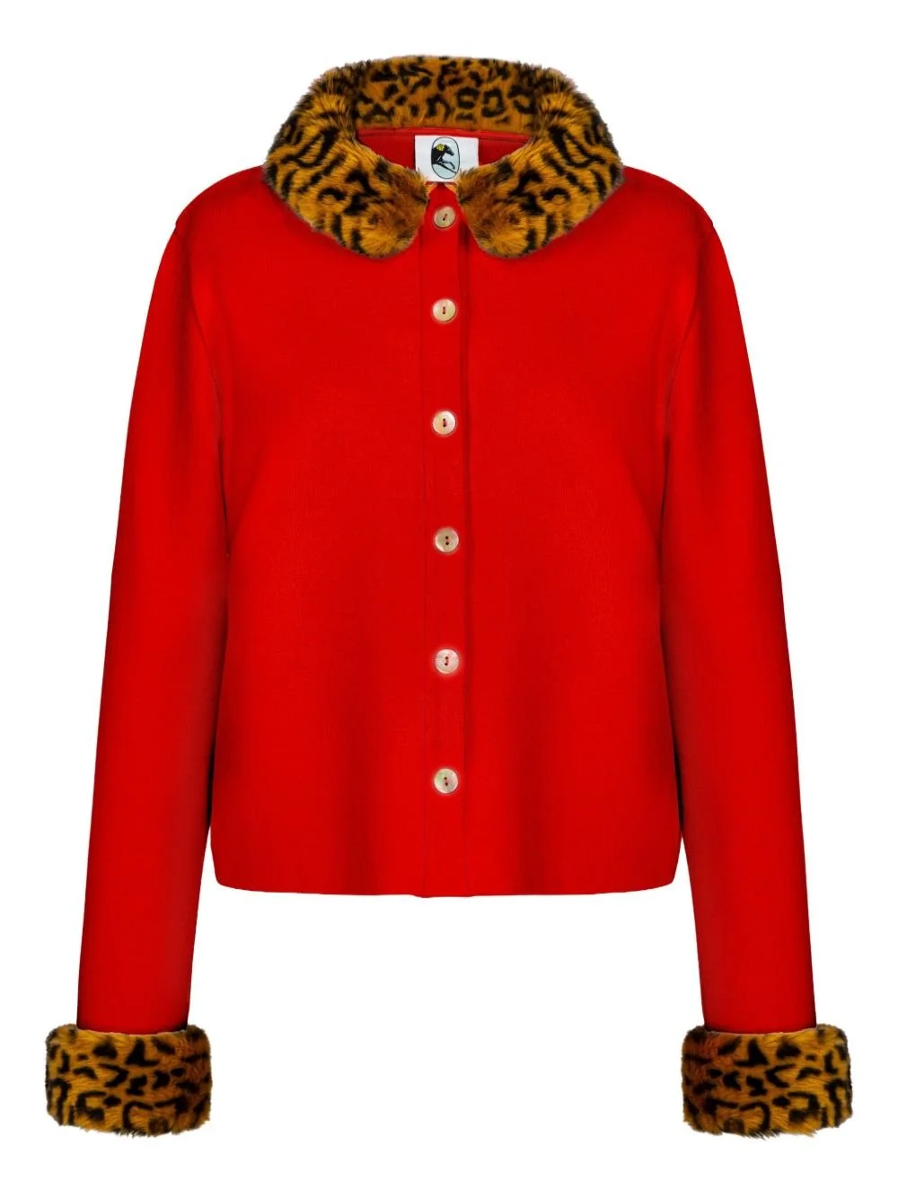 Sleeper Carmela Animal-Print Collar Cardigan in Red