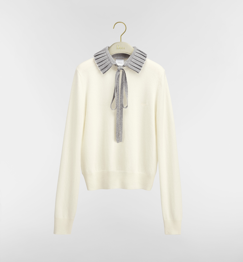 Christian Dior Sweater with Embroidered Collar in Ecru and Gray Cashmere and Virgin Wool Knit.png