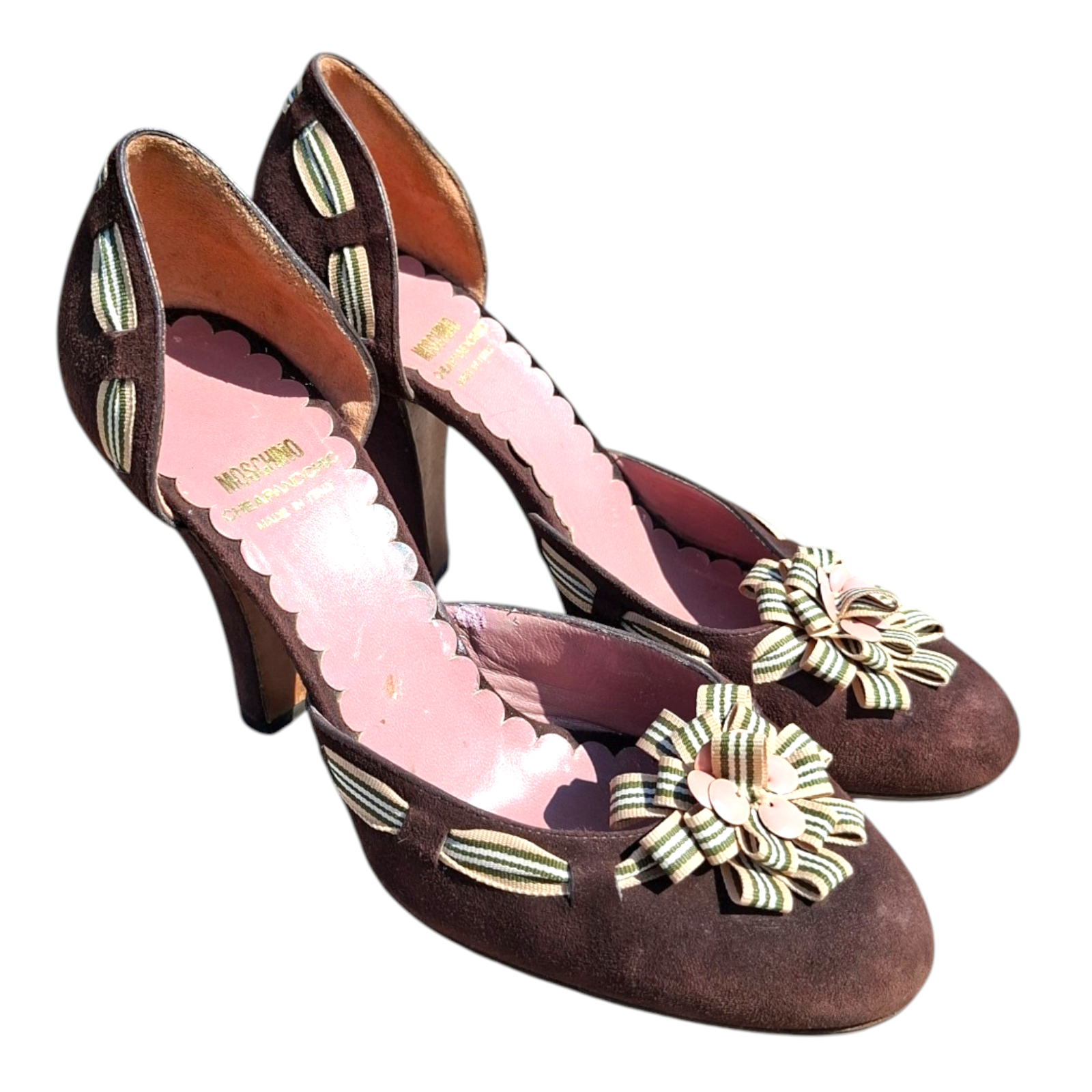 Moschino Cheap and Chic Flower-Embellished D'Orsay Pumps in Brown Suede