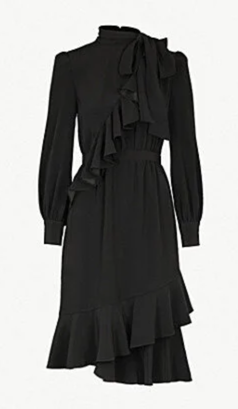 CO Long-sleeve Cascade Ruffle Crepe Dress in Black