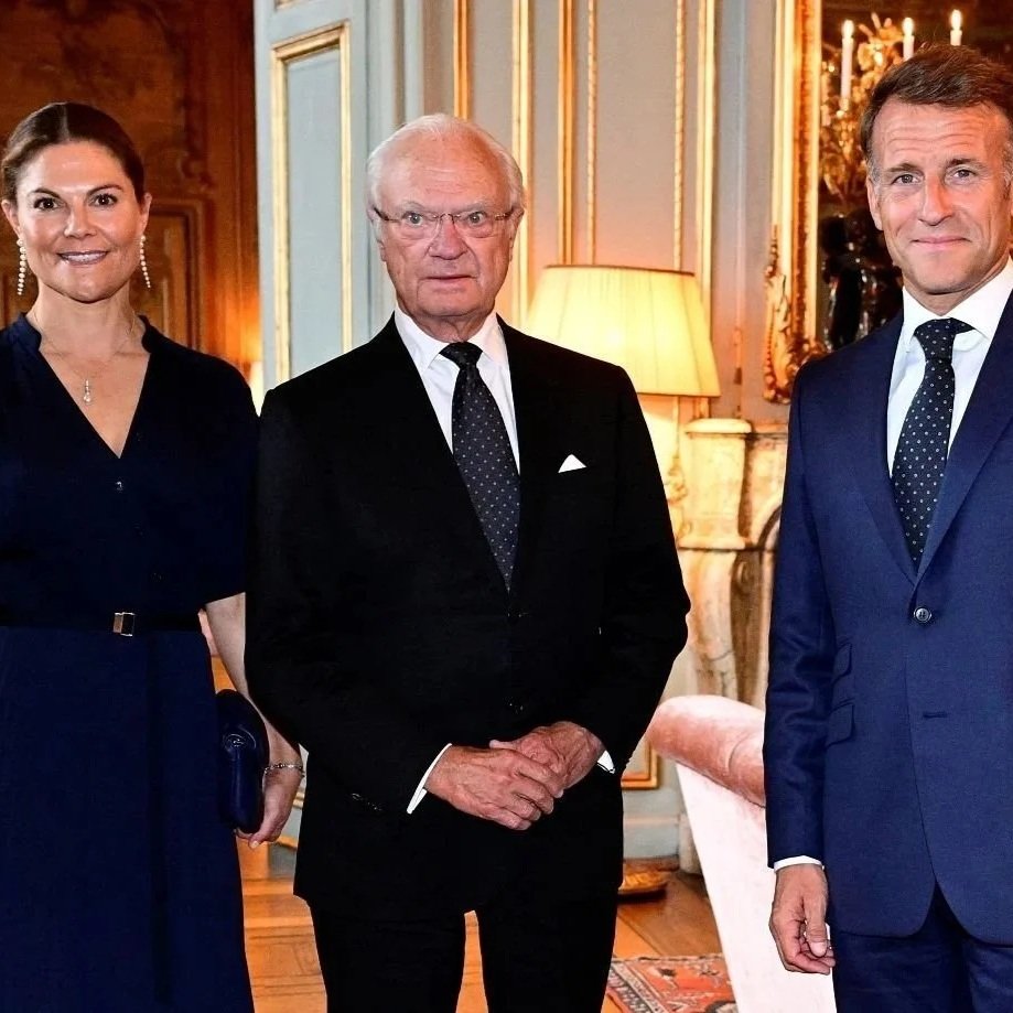 King Carl Gustaf and Crown Princess Victoria meet President of France