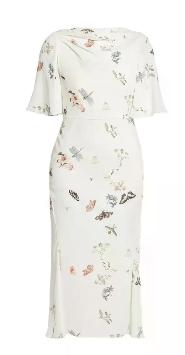 Erdem Printed Flutter-Sleeves Midi Dress