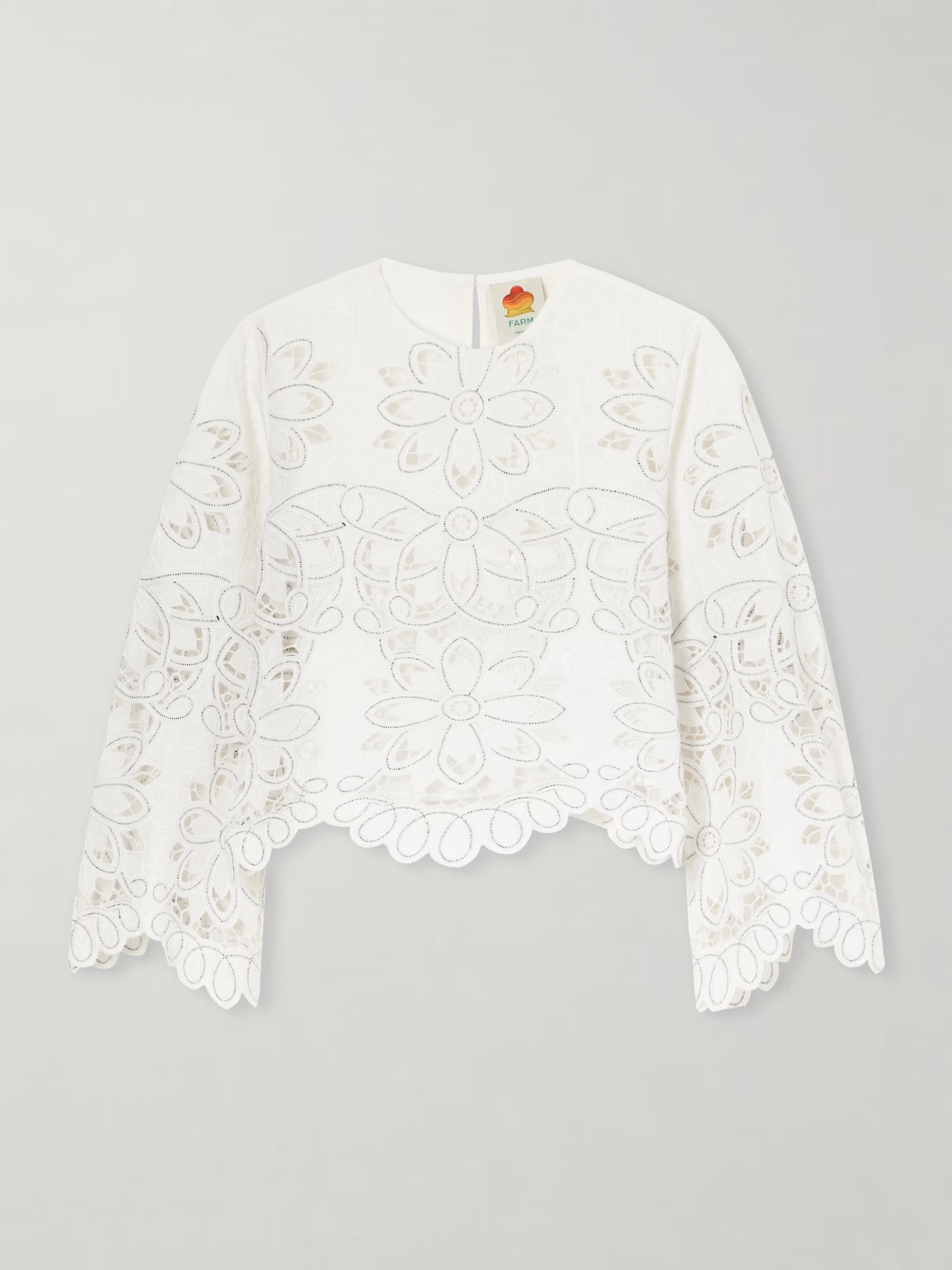 FARM Rio Flowers Richelieu Long Sleeve Blouse in Off White