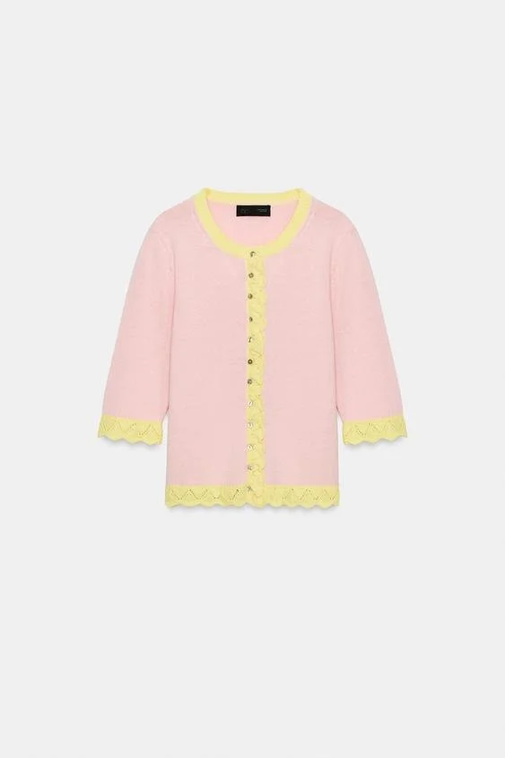 Zara Combined Pointelle Knit Cardigan in PinkYellow.jpg