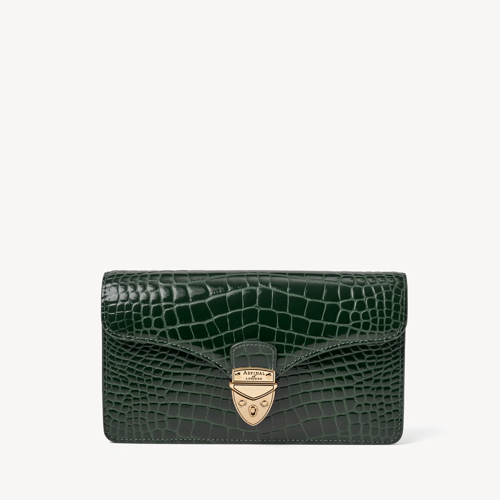 Aspinal of London Mayfair Clutch in Evergreen Patent Croc