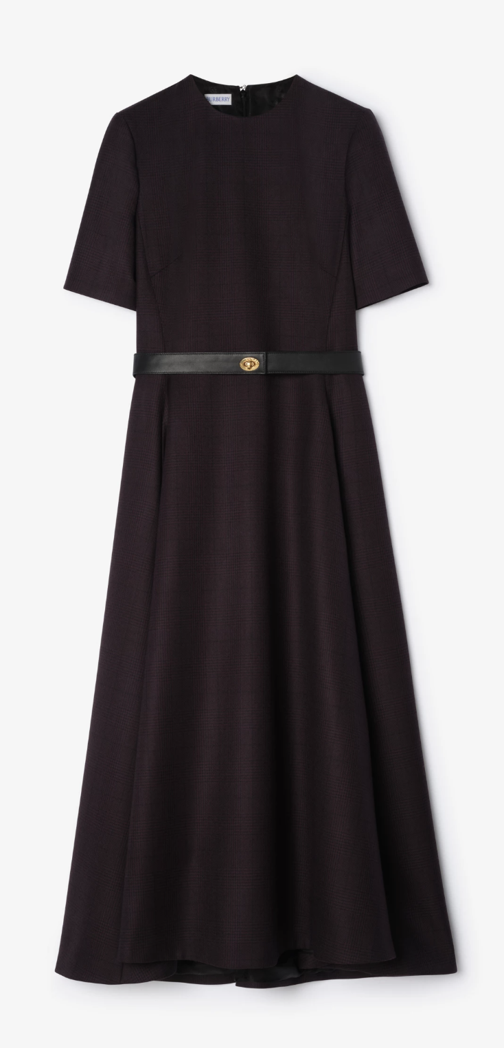 Burberry Long Sleeves Belted Check Wool Dress in Dark Pelt Brown